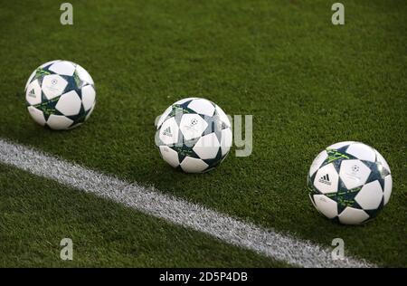 A general view of Uefa Champions League Finale 16 official match balls Stock Photo