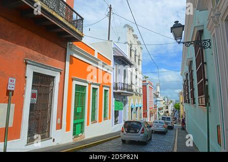 Historic building on Calle del Sol at Calle del Cristo in Old San Juan ...