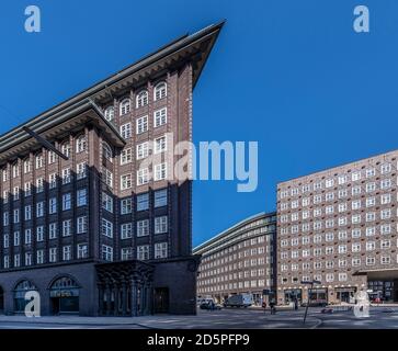 Pointed Chilehaus and Sprinkenhof in Hamburg. Designed by Fritz Höger, completed in 1924. Examples of 1920s Brick Expressionism style of architecture. Stock Photo