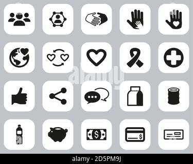 Charity Or Charity Work Icons Black & White Flat Design Set Big Stock Vector
