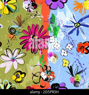 abstract background composition, with paint strokes, splashes and flowers, seamless Stock Vector