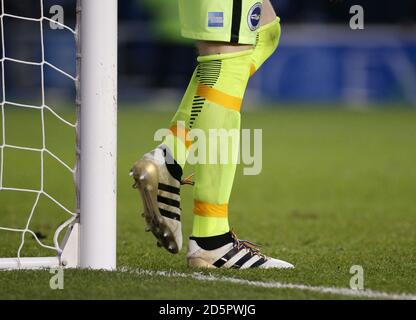 Brighton & Hove Albion's goalkeeper David Stockdale wearing rainbow laces in support of LGBT fans and players, and to show common cause with the Stonewall charity's initiative Stock Photo