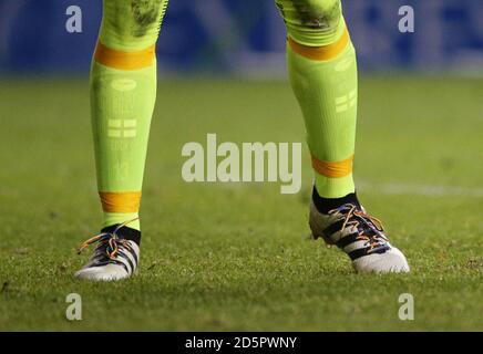 Brighton & Hove Albion's goalkeeper David Stockdale wearing rainbow laces in support of LGBT fans and players, and to show common cause with the Stonewall charity's initiative Stock Photo