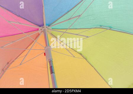 Colorful beach umbrella close up background texture. Rainbow colors. Stock Photo
