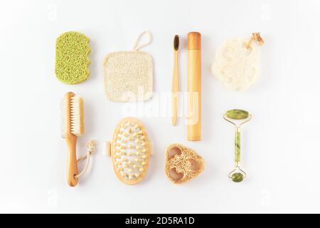 Ecology, zero waste concept. Reusable items for beauty treatment from organic biodegradable material, quartz face roller, anti cellulite massager Stock Photo