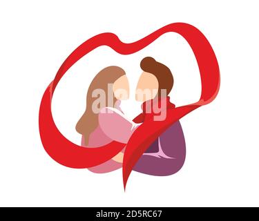 Romantic tender hugging young couple in love passion boyfriend and girlfriend. Man in red scarf embracing woman. Sweetheart male and female lovers kissing. Family happy relationship illustration Stock Vector
