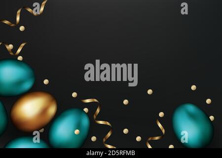 Close up of gold and blue easter eggs on dark background. Easter colorful eggs with golden serpentine and confetti. Template design, invitation backgr Stock Vector