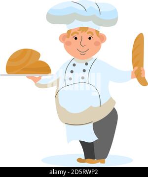 Baker with baked goods. Vector illustration in the style of cartoon happy baker. Man character Stock Vector