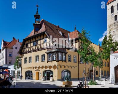 Bachfischer tea house and church tower of the Collegiate Monastery of our Lady of the Old Chapel, Regensburg , Bavaria, Germany Stock Photo