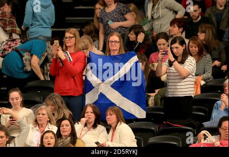 Fans wave a Scotland flag in the stands Stock Photo