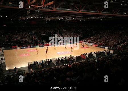 General view of the action betweenTeam Northumbria and Wasps Netball Stock Photo