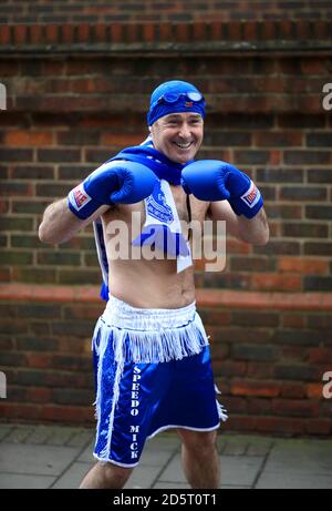 Everton fan Speedo Mick dressed in boxing gear outside the ground Stock Photo