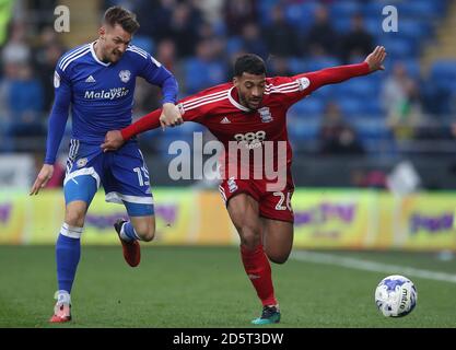 Birmingham City's David Davis (right) holds off challenge from Cardiff City's Anthony Pilkington  Stock Photo