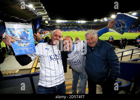 Leicester City fans celebrate in the stands after the final whistle Stock Photo