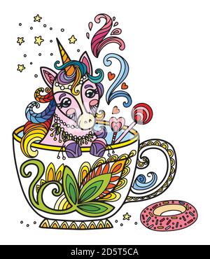 Download Kawaii Cute Unicorn In A Cup Coloring Stock Vector Image Art Alamy