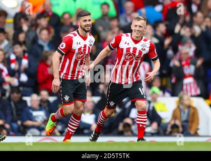Southampton's James Ward-Prowse celebrates scoring his side's first goal of the game with team mate Shane Long (left)  Stock Photo