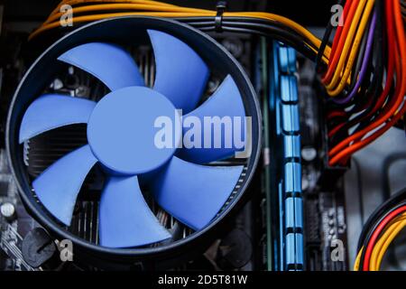 Heatsink and fan of central processing or the CPU cooler inside pc system unit. Stock Photo
