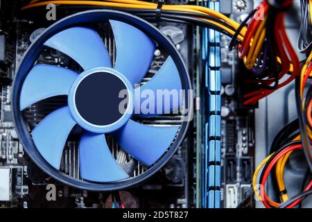 Heatsink and fan of central processing or the CPU cooler inside pc system unit. Stock Photo