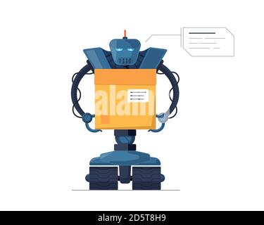 Robot courier carries parcel box future technology. Robotic delivery modern service concept. Automated AI droid logistic vector flat isolated illustration Stock Vector