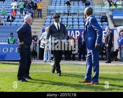 Former Coventry City players Micky Gynn (left) Cyrille Regis and David Bennett (right) during the Legends Parade Stock Photo