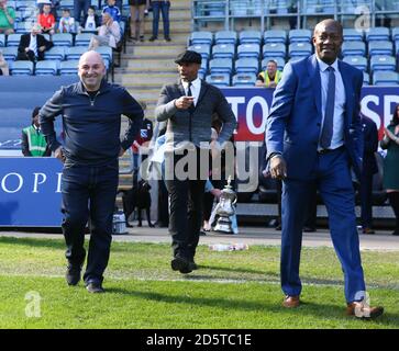 Former Coventry City players Micky Gynn (left) Cyrille Regis and David Bennett (right) during the Legends Parade Stock Photo