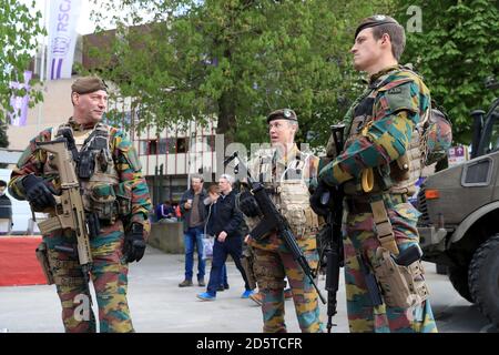 Soilders outside Constant Vanden Stock Stadium ahead of the game Stock Photo