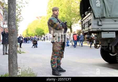 Soilders outside Constant Vanden Stock Stadium ahead of the game Stock Photo