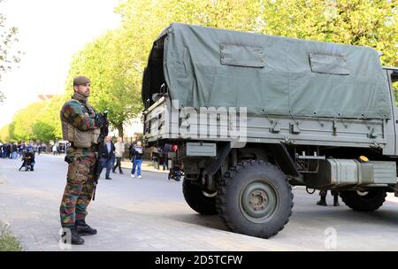 Soilders outside Constant Vanden Stock Stadium ahead of the game Stock Photo