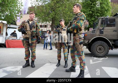 Soilders outside Constant Vanden Stock Stadium ahead of the game Stock Photo