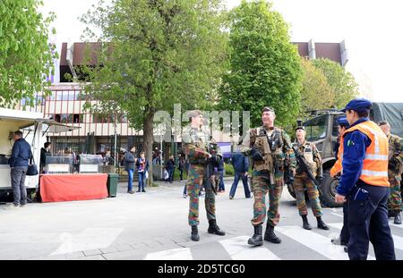 Soilders outside Constant Vanden Stock Stadium ahead of the game Stock Photo