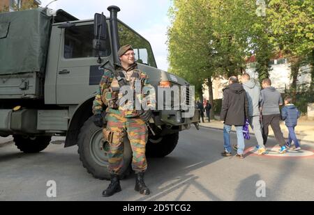 Soilders outside Constant Vanden Stock Stadium ahead of the game Stock Photo