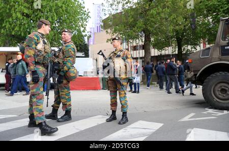 Soilders outside Constant Vanden Stock Stadium ahead of the game Stock Photo