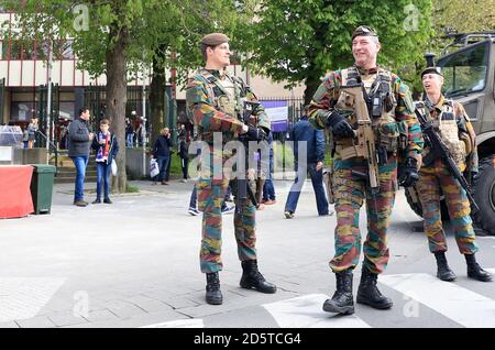 Soilders outside Constant Vanden Stock Stadium ahead of the game Stock Photo