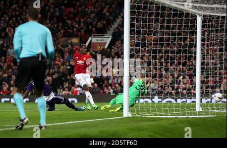 Manchester United's Paul Pogba (centre)puts the ball into the back of the net but the goal is disallowed  Stock Photo