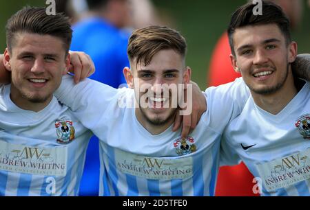 Coventry City's (L to R) Dan Smith, Chris Camwell and Kyle Finn celebrate after they win during the Premier Development League Play Off Semi Final Stock Photo