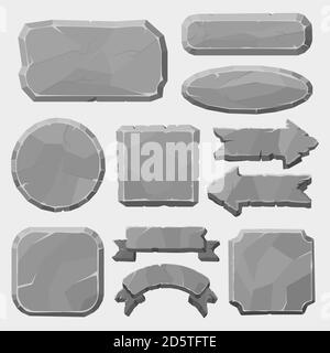 Stone game boards. Granite rocks buttons, grey stone banner, arrows and panels, stone ui elements for game design vector illustration symbols set Stock Vector