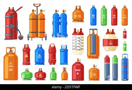 Gas steel cylinder. Gas tank, oxygen, propane or butane metal flammable containers, helium, petroleum gas cylinders vector illustration icons set Stock Vector