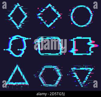 Glitch damage frames. Distortion abstract figures, geometry glitch noise defect frame, square, circle, triangle elements vector illustration set Stock Vector