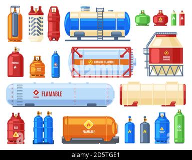 Dangerous gas containers. Gas steel cylinder and tank, butane, oxygen or helium metal containers, flammable gas cylinders vector illustration set Stock Vector