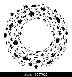 School of fish silhouettes. Sea round fishes colony, ocean fish schools, cute little fishes swim in circle isolated vector illustration Stock Vector