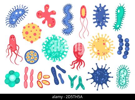 Bacteria and virus. Microscopic microorganism germs, infection cells and microbes, dangerous pathogenic virus, disease cells vector illustration se Stock Vector