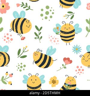 Bees seamless pattern. Cute hand drawn honey bees, flying yellow insects, flowers and honeybee doodle backdrop vector background illustration Stock Vector