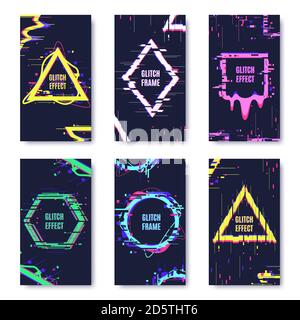 Glitch damage cards. Noise defect distortion frame posters, abstract no signal dynamic elements frames isolated vector illustration set Stock Vector