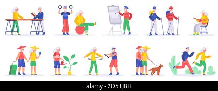 Elderly people hobby. Senior people retirement exercising and engage in creative activities, healthy, active pensioners vector illustration set Stock Vector