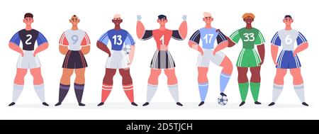 Male soccer team. Football players stand in row, football professional sportsmen characters goalkeeper, striker, defender vector illustration set Stock Vector