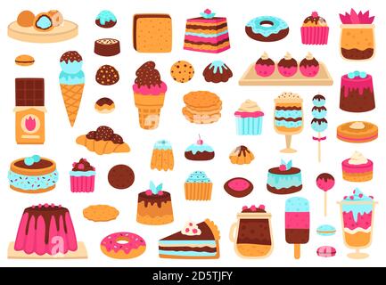 Sweet desserts. Bakery sweets, muffin cakes, ice cream, hand drawn candies, chocolate bar and macarons. Cute sweets vector illustration set Stock Vector