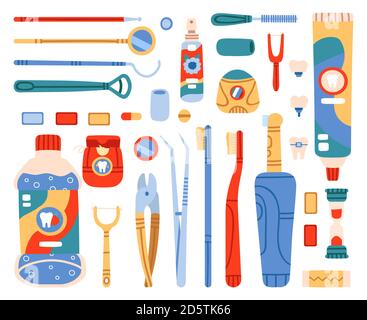 Dental cleaning tools. Toothbrush, toothpaste, dental floss, mouth cleaning and oral hygiene hand drawn tools. Dental care vector illustration set Stock Vector