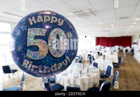 A general view of a birthday balloon in the 1707 restaurant on Kids Carnival Day at Warwick racecourse Stock Photo