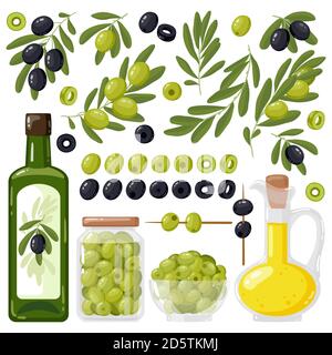 Cartoon olive. Black and green olives, olive tree branches and extra virgin olive oil, healthy organic olive products vector illustration set Stock Vector