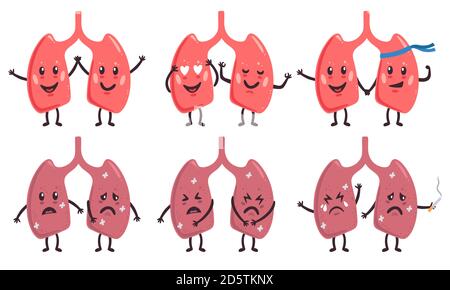 Cute lungs characters. Healthy and unhealthy medicine human organs characters, happy cute and sad lungs vector illustration icons set Stock Vector